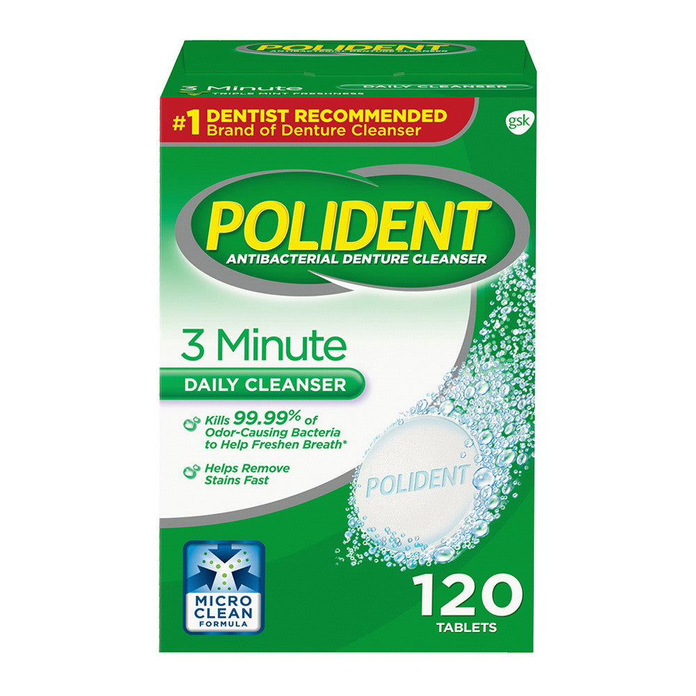 Polident 3 Minute Antibacterial Denture Cleanser Tablets, Triple Mint, 120 Ea